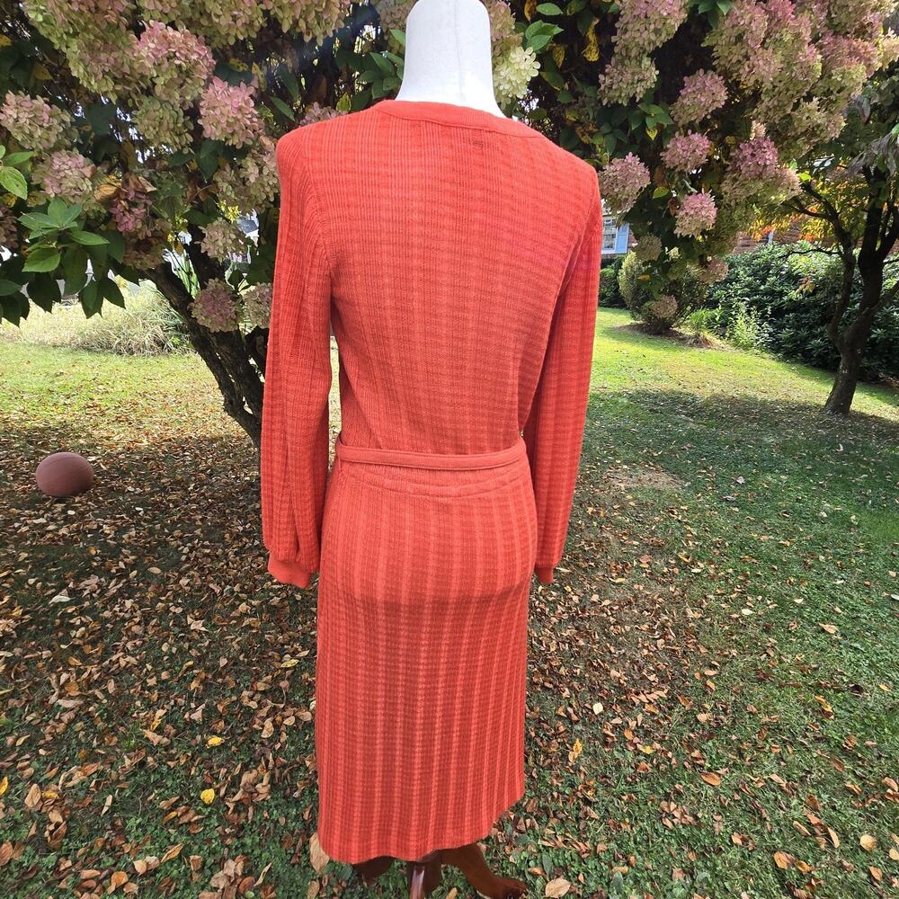 60s 70s Orange Long Sleeve Waffle Knit Dress Vintage‎ Midi Soft Belted V Neck - Picture 4 of 10